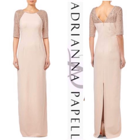 Adrianna Papell Dresses & Skirts - Blush Adrianna Papell Gown w/ elbow length beaded sleeves